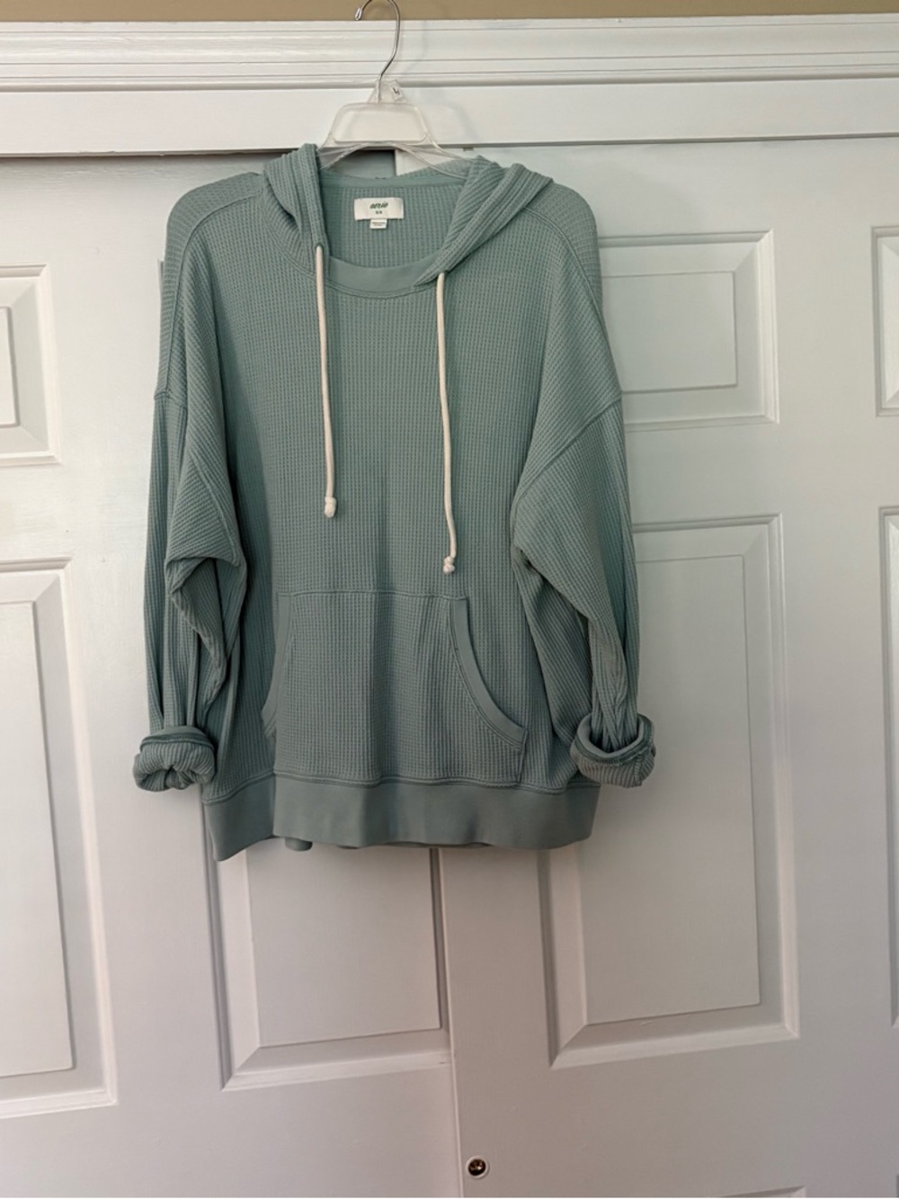 aerie Sage Green Waffle-Knit Hooded Pullover Sweatshirt